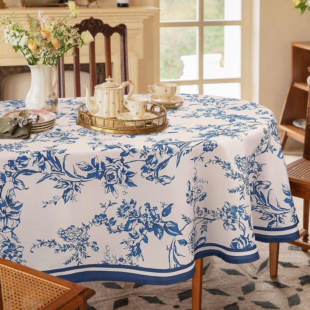 Bnejvif Modern Blue Floral Oval Tablecloth 54×72″ – Waterproof, Wrinkle-Free