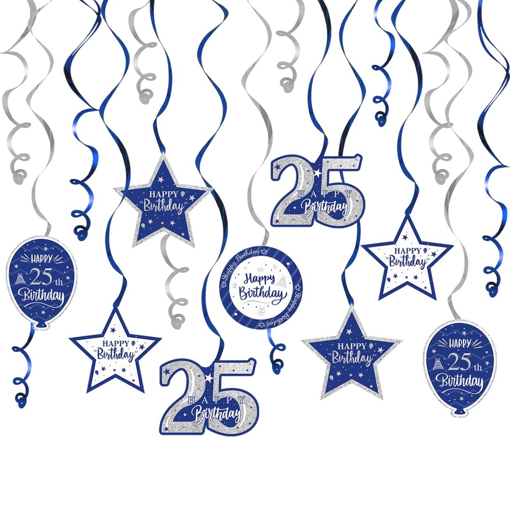 15 PCS Blue & Silver 25th Birthday Glitter Swirls Streamers Hanging Decorations
