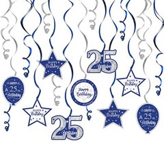 15 PCS Blue & Silver 25th Birthday Glitter Swirls Streamers Hanging Decorations