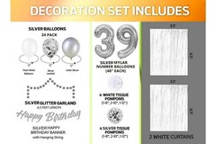 Silver & White 39th Birthday Decorations – 40″ Number Balloons &More-Boy or Girl