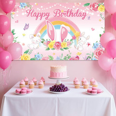 Pink Bunny Party Decorations, Rabbit Birthday Party Backdrop Supplies, Bunny Hap