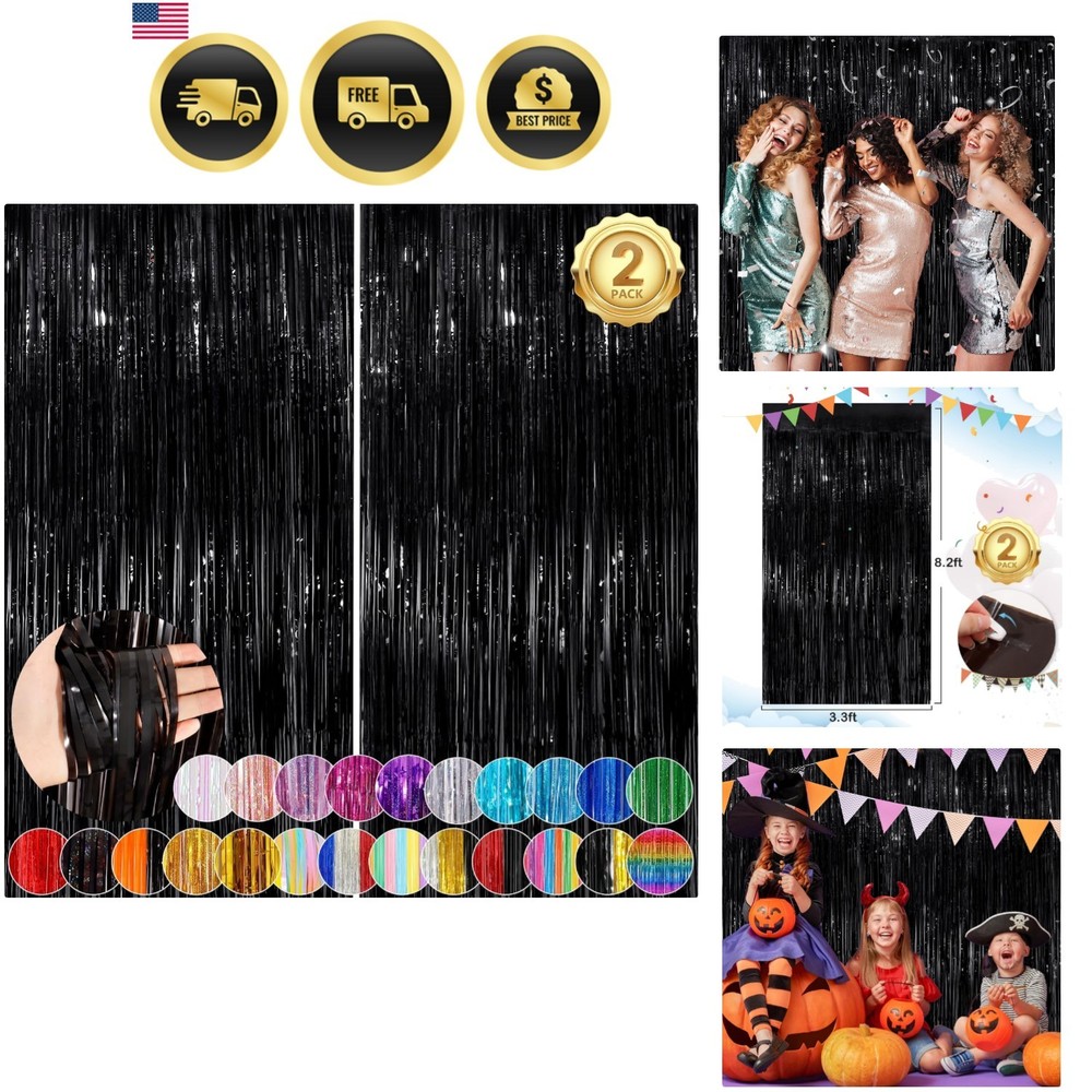 Black Fringe Curtain Party Streamers 2Pack 3.3×8.3 Ft Foil Fringe Backdrop Cu…