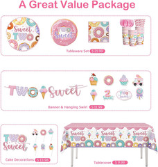 155 Pcs Two Sweet Birthday Decorations, Donut 2Nd Birthday Decorations for Girl