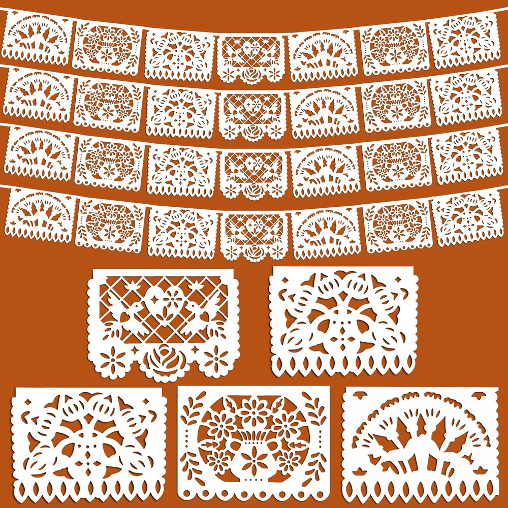 White Papel Picado Banner, 33ft Plastic Mexican Flag with 5 Designs, Fiesta D…