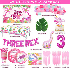 204 Pcs Three Rex Birthday Party Decorations Girl, Dinosaur 3Rd Birthday Party
