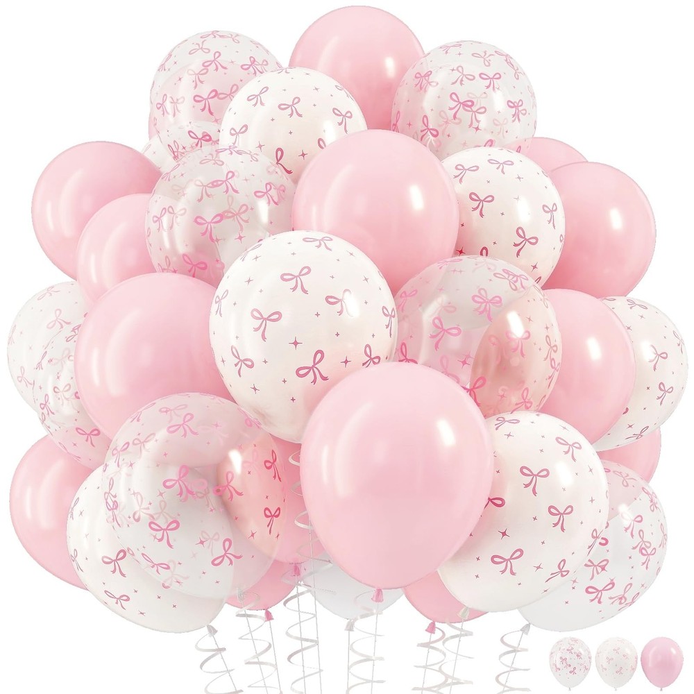 Pink Bow Balloons, 12 Inch Pastel Light Pink Transparent White Bow Print Coquett