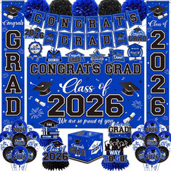 Graduation Decorations 2026 Blue Party Decor Set with Congrats Grad Banner, Clas