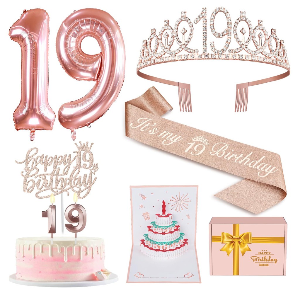 19th Birthday Decorations Set with Tiara Candles Balloons & Cake Topper