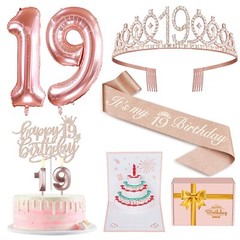 19th Birthday Decorations Set with Tiara Candles Balloons & Cake Topper