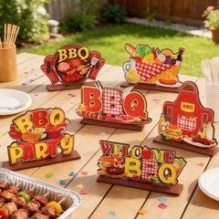 6 Pcs BBQ Centerpieces for Table Wooden BBQ Tabletop Signs for Summer Picnic …
