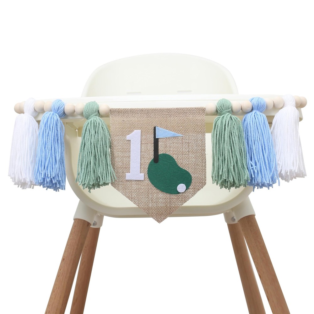 Golf Theme 1st Birthday Tassels High Chair Banner – Green Blue Golf Hole In O…