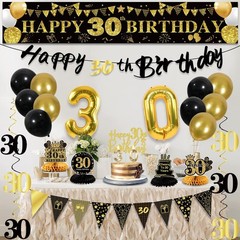 30th Birthday Decorations Set – 27pcs Black Gold Party Supplies, Banner, Balloon
