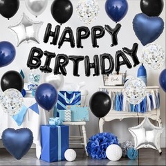 Birthday Party Decoration Balloon Banner Set Blue Black Silver for Men Adults