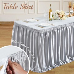 6ft Length Satin Silver Table Skirt Rectangle Tables, Pleated Ruffle Table Sk…