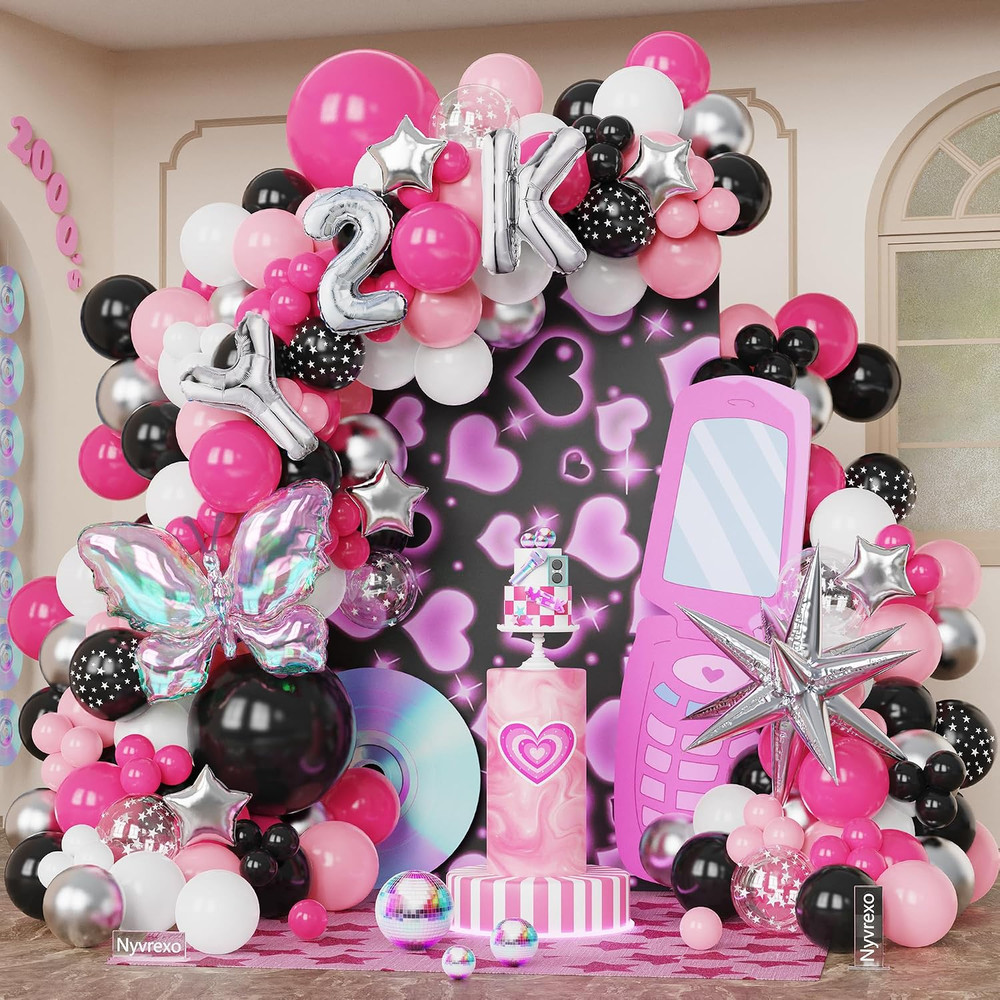 Y2K 2000S Party Decorations, 135Pcs Hot Pink Black Hip Hop Balloons Arch Garland