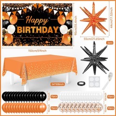 62pcs Orange Birthday Decorations Orange Black Happy Birthday Banner Backdrop…