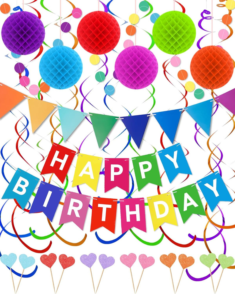 Happy Birthday Party Decorations – Colorful Happy Birthday Banner Swirl Streamer