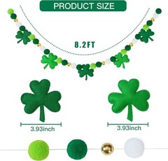 8.2Ft St Patrick’s Day Garlands 3D Felt Shamrock Clover Garlands with Gold Bead