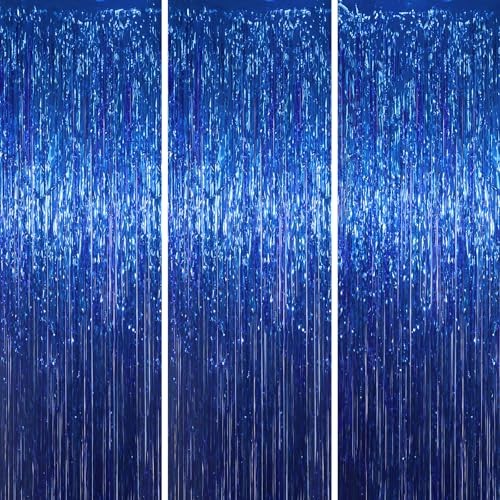 3 Pack 3.3×8.2 Feet Blue Foil Fringe Backdrop Curtains, Tinsel 13 Dark Blue