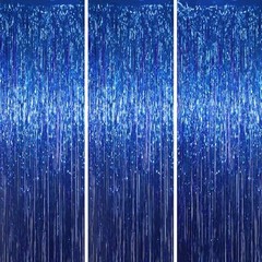 3 Pack 3.3×8.2 Feet Blue Foil Fringe Backdrop Curtains, Tinsel 13 Dark Blue