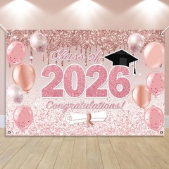 Pink Graduation Decorations Class of 2026, Pink Rose Gold Graduation Backdrop, C