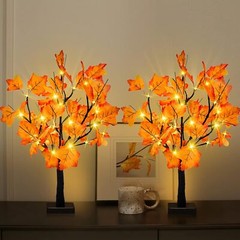 2 Pcs 24-inch Fall Lighted Maple Tree, 48 LED Lights Thanksgiving Table Tree