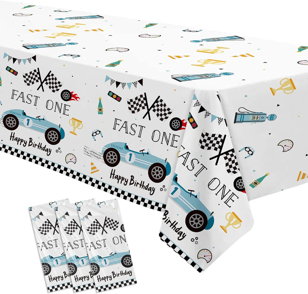 Fast One Birthday Decorations for Boys Tablecloth – Blue Race Car 1St Birthday