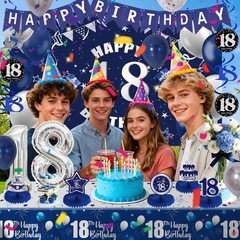 18th Birthday Decorations for Boys Girls Blue Silver, Happy 18th Birthday Ban…