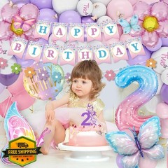 KISPATTI 2nd Birthday Girl Butterfly Decor Pink Purple