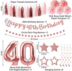 13Pcs 40Th Birthday Decorations for Women, Pink Rose Gold Happy 40Th Birthday Ba