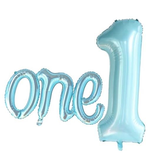 2Pcs Large Light Blue Number 1 Balloon and Script Letter One Light-blue