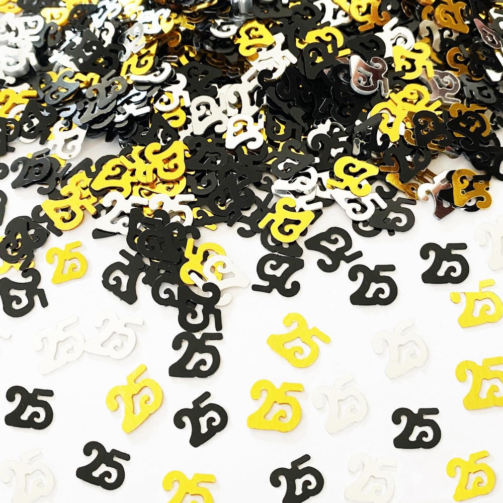 25th Birthday Anniversary Confetti Number 25 Sequins Golden Black Silver