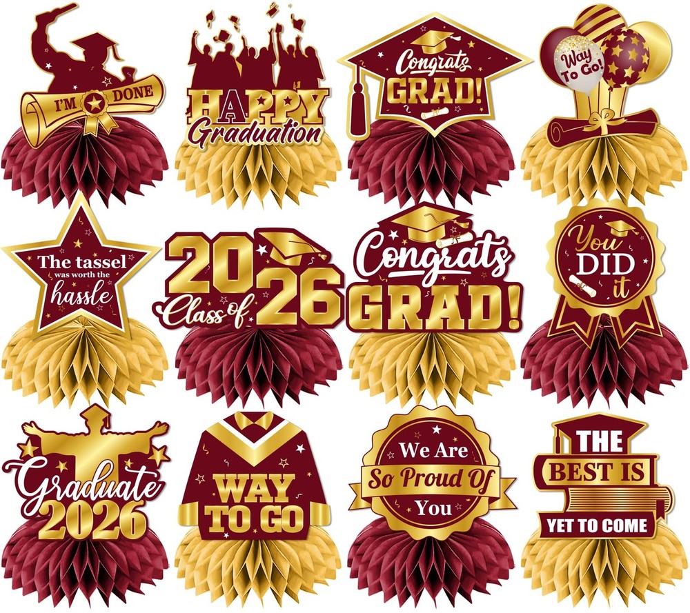 12 PCS Maroon Gold Graduation Table Decorations 2026 Honeycomb Centerpieces