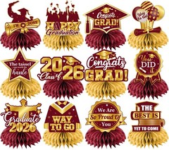 12 PCS Maroon Gold Graduation Table Decorations 2026 Honeycomb Centerpieces