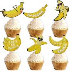 18Pcs Yellow Glitter Fruit Banana Dessert Cupcake Topper Pick for Let’S Go Banan