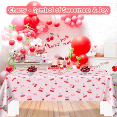3Pcs Cherry Birthday Decorations Tablecloths, Large Size Cherry and Bows Birthda
