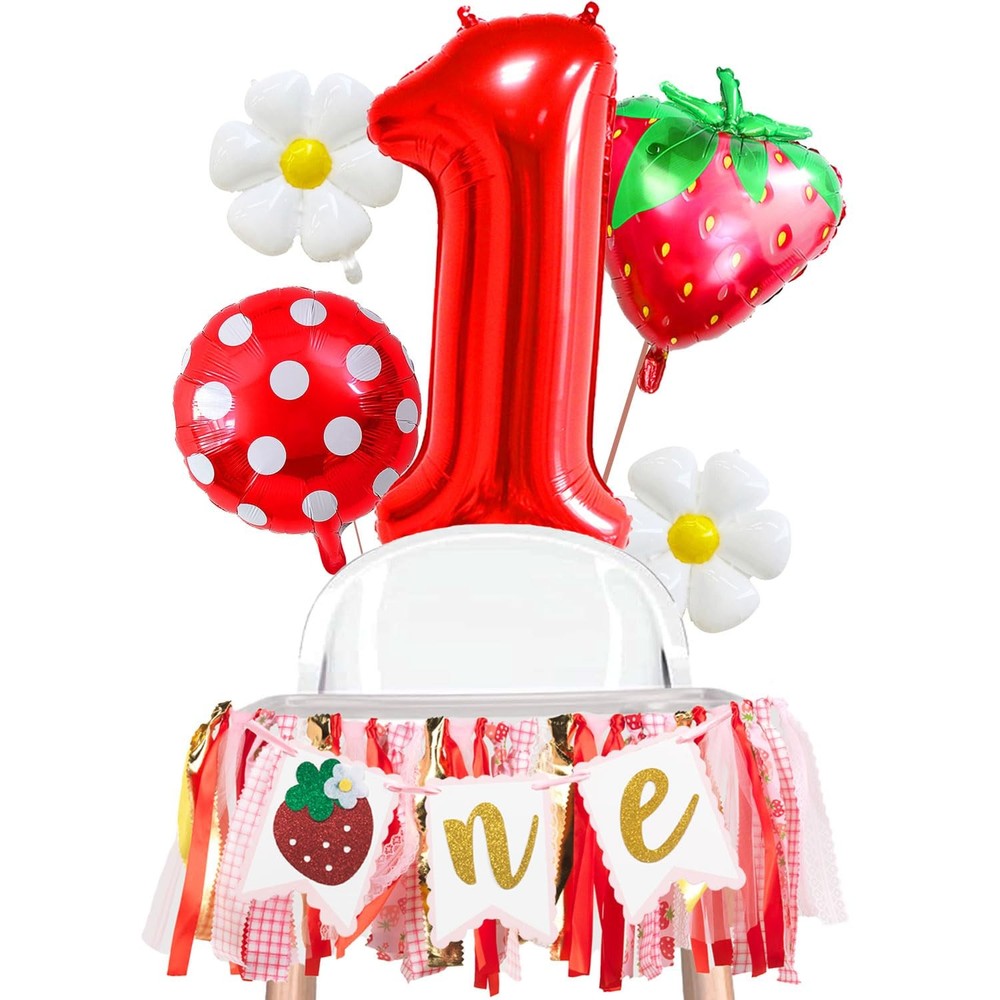 1st Birthday Party Kit, Strawberry Daisy Balloons, Banner, Red