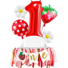1st Birthday Party Kit, Strawberry Daisy Balloons, Banner, Red