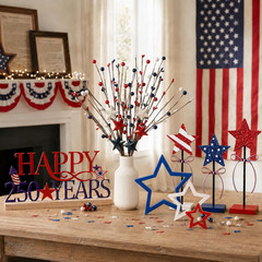 4Pcs 250th Anniversary Decorations Set, Red White Blue Wood Stars, Metal America