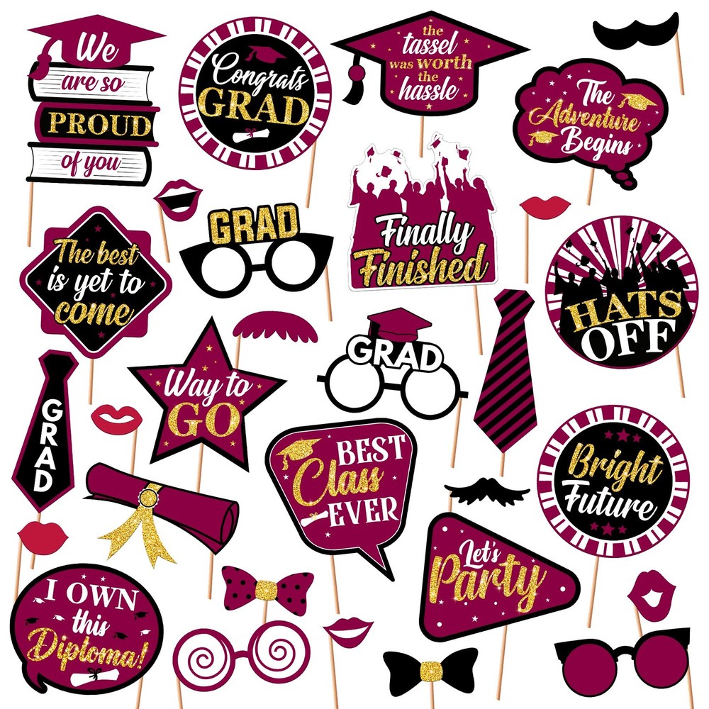 Graduation Photo Props 2026 – Pack of 22 | Maroon and Gold Black Photo Props | G