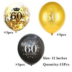 Black & Gold 60th Birthday Balloons – 15-Pack Party Supplies for Men & Women