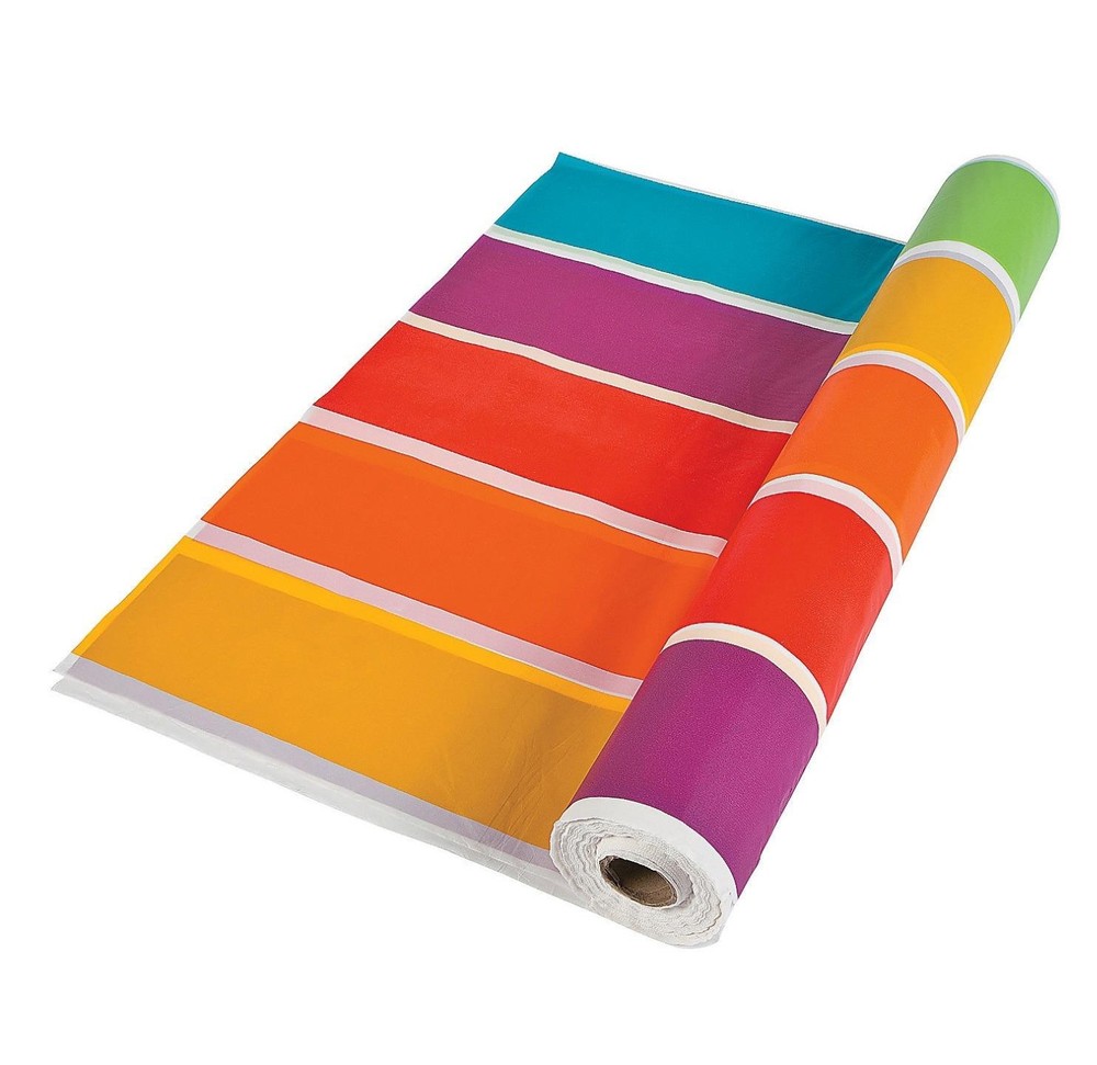Rainbow Colors Striped Disposable Plastic Table Cover 100-Ft Roll 40″W #606
