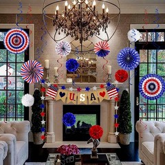 26Pcs Patriotic Party Decorations – LOVE USA Banner & Colorful Fans & Pom Poms