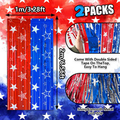 4th of July Backdrop Decorations, 2 Pack Star Print Red Blue Streamers Tinsel