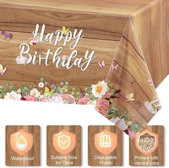 3 Pcs Floral Happy Birthday Tablecloths Cute Butterfly Wood Grain Table Cover