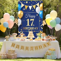Happy 17th Door Cover Blue Gold Stars Balloons Confetti Gifts 71×35 Inch for …