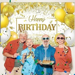 Happy Birthday Decorations Backdrop Banner for Men Women Boys White and Gold