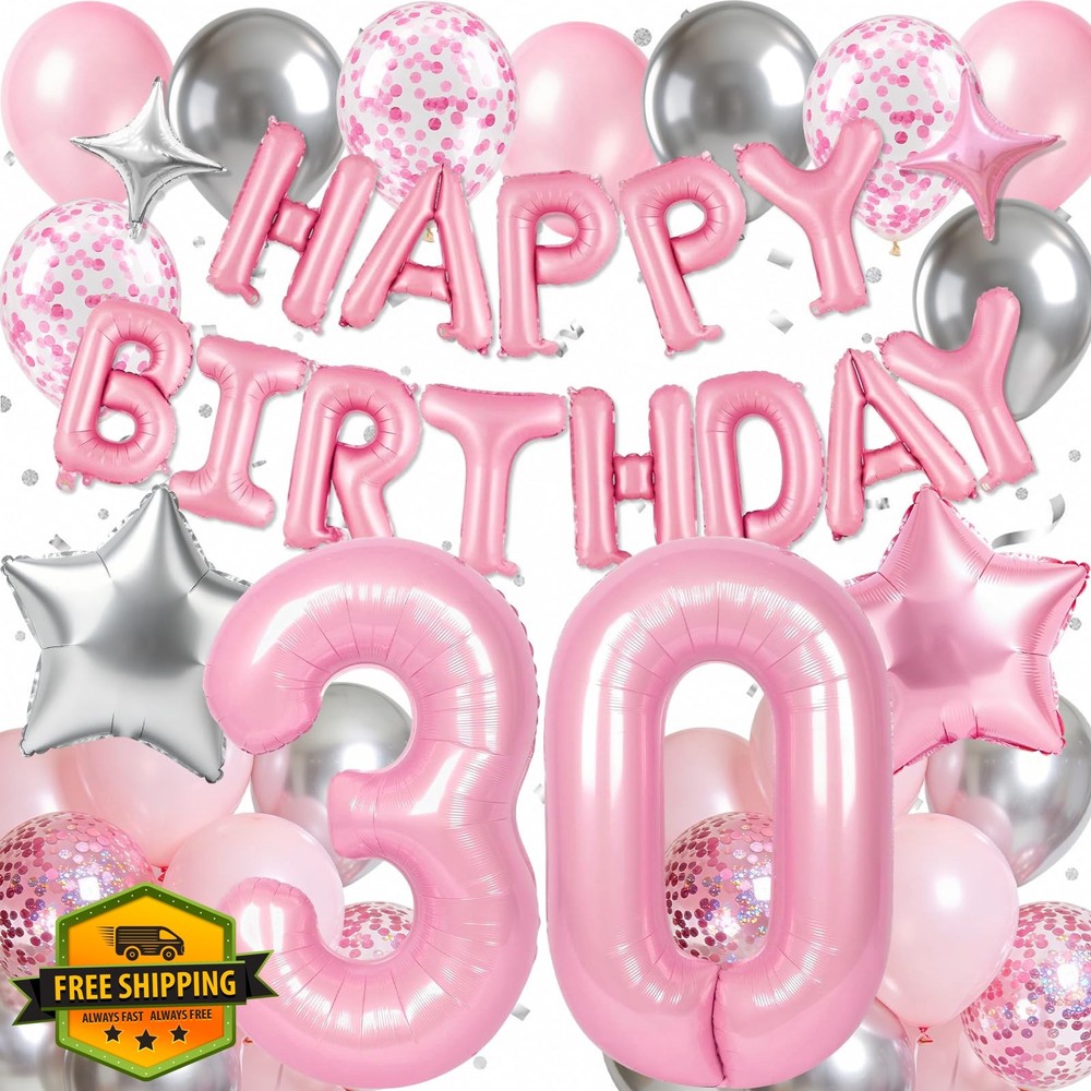 OIWLCI 30th Birthday Balloons Pink Silver Banner Stars