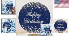 Blue Silver Glitter Happy Birthday Backdrop Cover