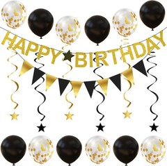 Happy Birthday Banner – Gold Birthday Banner with Garland, Balloons and Hangi…
